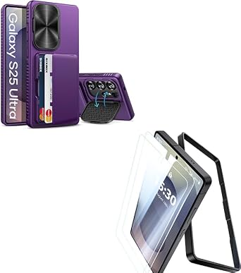 for Samsung Galaxy S25 Ultra Case Wallet, Built-in Stand & 2 Pack Screen Protector, Card Holder & Camera Cover, Full Body Protective Rugged Kickstand Phone Cover Case for S25 Ultra, Purple