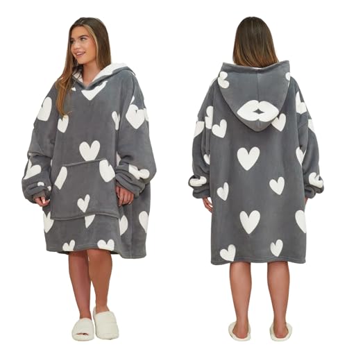 Dreamscene Snuggle Hoodie Women Grey Hearts, Oversized Blanket Hoodies Women Soft Warm Fleece Wearable Blanket Hoodie for Girls Fluffy Sherpa Lined