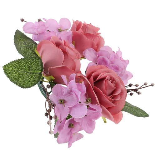 STOBAZA Artificial Rose Candle Ring Wedding Floral Wreath Pillar Candle Ring Greenery Flower Garland for Pillar Candle Lantern Wedding Centerpiece Party Home Table Decor Pink