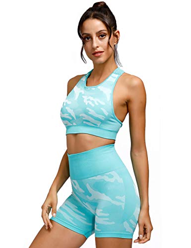 Toplook Women Seamless Camouflage Workout Outfit Set Yoga Shorts Bra 2 Pieces (Green, Medium)