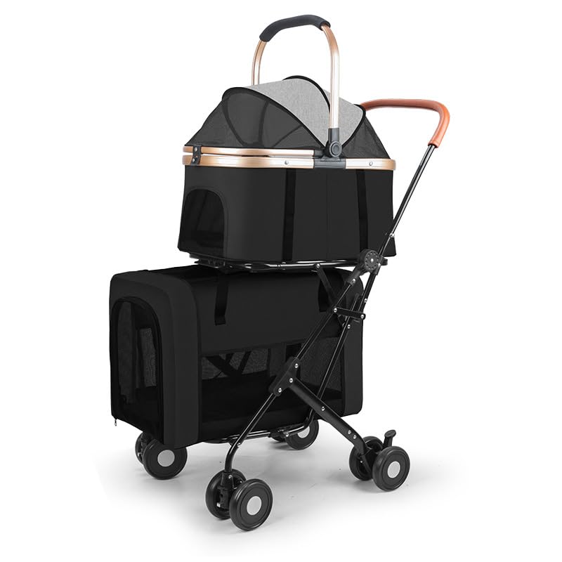 Double Pet Stroller for Dogs and Cats - Dog Stroller Foldable Travel Carriage with Detachable Carriers, Safety Belts, and 4 Lockable Wheels for Small to Medium Pets (Brown)