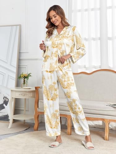 Image of Brosloth Women's Silk Satin Pajamas Pjs Sets Cute Lace Pattern Two Piece Loungewear Set Button Up Pajamas Sleepwear Black