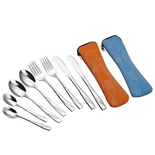 Lesbye Juego de 8 Piezas Cubiertos Para Camping, Cubiertos Para Llevar Inoxid (Azul y naranja)