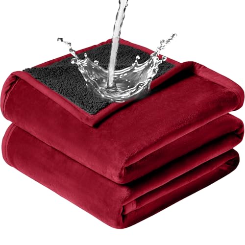 Waterproof Blanket for Bed - Blanket with Waterproof & Stain Proof, Splash Resistant, Machine-Washable Flannel is Soft and Comfortable, Suitable for Bed/Sofa (40"x60", Wine red/Black)