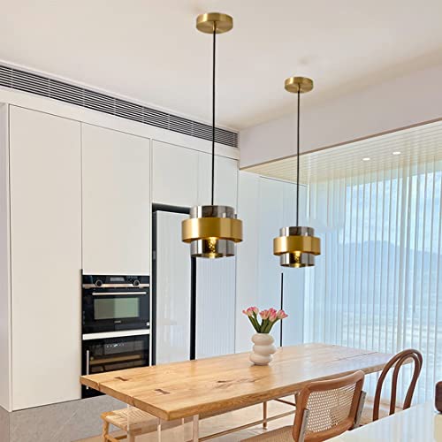 Pobllem Pendant Lights For Kitchen Island Gold Glass Pendant Light With Smoke Gray Glass Shade Mid Century Modern Gray Hanging Light For Dining Room Bedroom Living Room Hallway #TOP4