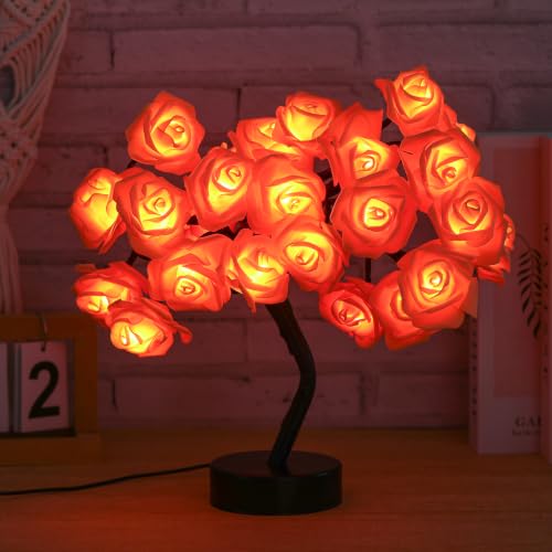 Drawelry Rose Flower Tree Lamp - LED Rose Tree Table Lamp USB/Battery Powered Artificial Bonsai Flower Night Light for Bedroom Living Room Party Wedding Birthday Decor (Orange)