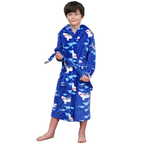 Toallas Y Batas De Baño, Home DNggAND - Albornoces para niños y niñas, batas de baño de felpa suave de forro polar coral con capucha para niños, Tiburón, 11-12 Años
