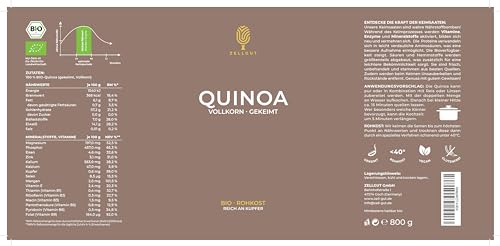 ZELLGUT© BIO QUINOA GEKEIMT 800g • GLUTENFREI & BASISCH • VOLLKORN & ROHKOST • aus EU-Bio-Landwirtschaft • VEGAN • 28,2% Eiweiß • Reich an Ballaststoffen, Magnesium, Eisen, Mangan •OHNE Zusatzstoffe