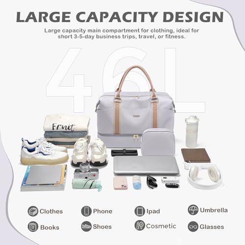 Weekender Bags for Women, Carry On Travel Duffel Bag with Shoe Compartment & Toiletry Bag, 46L Overnight Bag Gym Hospital Bags for Labor and Delivery (Light Grey) by GOLF SUPAGS - Used condition - Image 6