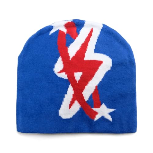 [NAMEOF] ライトニング ジャガードビーニー ニット帽 帽子 ワッチキャップ Y2K 00s スポーティー グランジファッション 韓国 ストリート フェアリーグランジ ユニセックス メンズ レディース (JP, アルファベット, Free Size, ブルー)