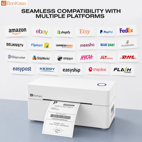 Image of BonKaso BKT01 Thermal Label Printer 203DPI Direct Thermal Shipping Bill Printer 160mm /s High Speed USB Bluetooth WiFi Compatible for Barcode Label Receipt Tag Paper Small Business White