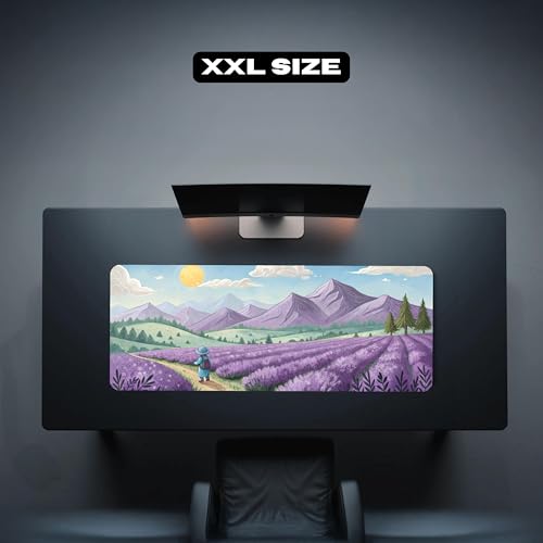 Image of Dreamy Lavender Fields Premium Desk Mat | Anti-Skid | Anti-Slip | 60 x 28 cm | Laptop Mat for Work from Home /Office /Gaming- Extended Mouse pad and Keyboard Desk mat