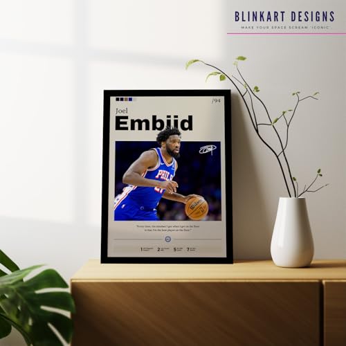 Image of BLINKART Joel Embiid | Nba Basketball Player | Synthetic Wood Photo Framed Wall Hanging Poster For Room & Office Bedroom Living Boys And Girl Room Home Wall Hanging | 12x18 Inches