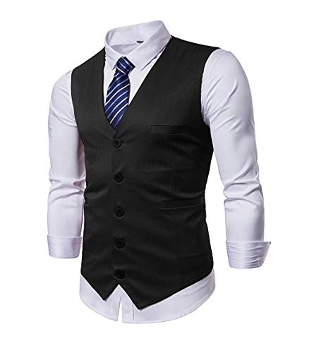 DONSON Mens Formal Business Suit Vest with Necktie Slim Fit Male Waistcoat for Tuxedo Vest, Black 1, Large