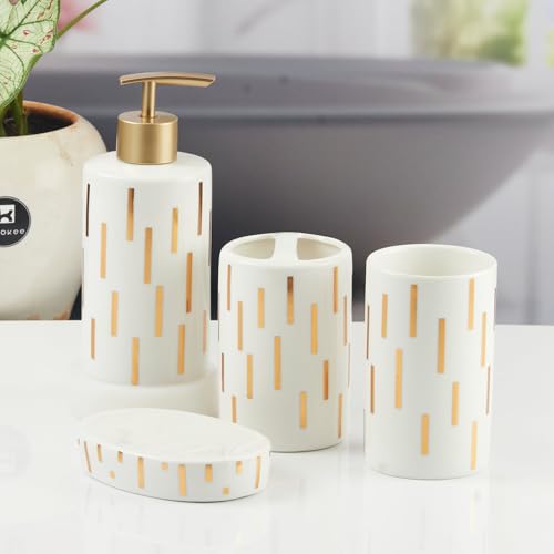 Image of Kookee Ceramic Bathroom Accessories Set of 4, Modern Bath Set with Liquid handwash Soap Dispenser and Toothbrush Holder, Luxury Gift Accessory for Home (11374)