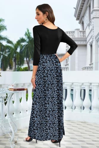 Image of WNEEDU Women's 3 /4 Sleeve Casual Loose Long Maxi Dresses with Pocket | Empire Elastic Waist, Crewneck, Floor Length, Soft Stretchy Flowy, Formal Dress, Wedding Wear, Solid Color and Prints