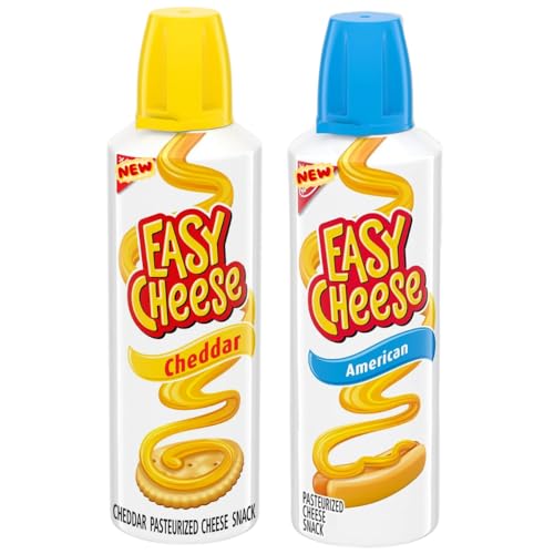 Eesy Cheese Cheddar Cheese Snack + Easy Cheese American Cheese Snack 8 oz Cans (Pack of 2)