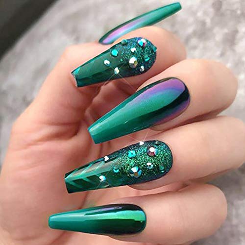 Hzacye 24 Pcs Glossy False Nails with Glue, Extra Long Press on Nails Coffin Nail Tips, Extra Long Coffin Fake Nails for Women (Green & Crystal)