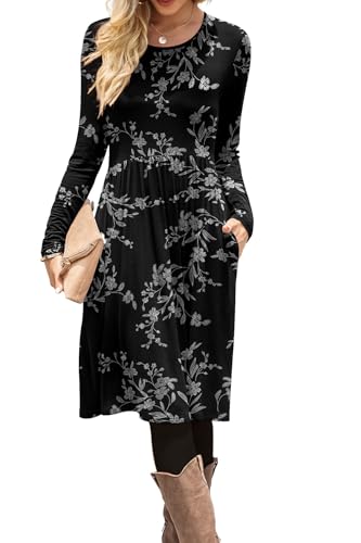 Image of DB MOON Women Casual Long Sleeve Dresses Empire Waist Knee Length Loose Dress with Pockets
