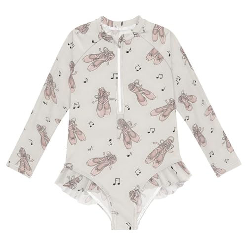 Ballet Shoes with Music Notes Girls Rash Guard Swimsuits Long Sleeve One Pieces Bathing Suit UPF 50+ Zipper Swimwear