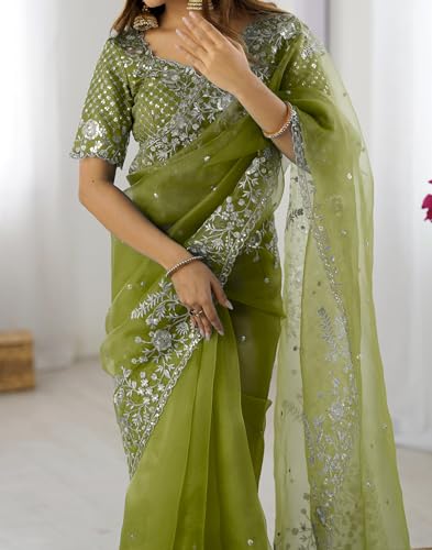 Image of SIRIL Women's Organza Sequence Embroidery Saree With Unstitched Blouse Piece