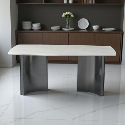 Image of The Attic Modern Marble Dining Table, White Stone Top, Glossy Black Metal Base, 6 Seater Dining Table for Home & Office
