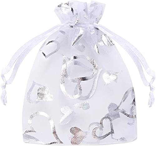 100pcs Sachet Dragée Organza Pochette Sac à Bonbon Sac à Bijoux Pochettes Dragée Motif Coeur Impression Cadeau DIY pour Chocolat Perle Mariage Baptême Fête Cover