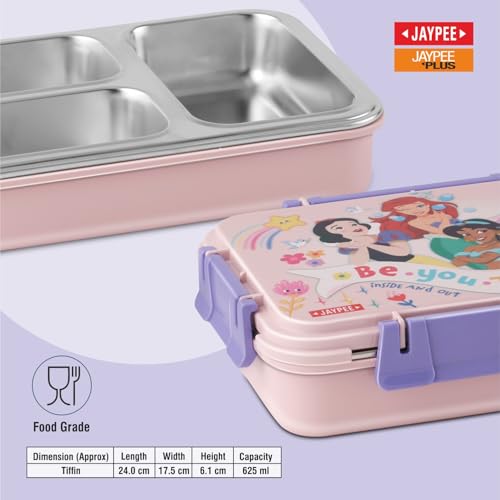 Image of JAYPEE Toon Box 3 Princess Inner Stainless Steel Insulated 3 Cavity Lunch Box for School Kids |Airtight Leakproof Tiffin Box with 2 Additional Lock |100% Food Grade| 625 ml, Pink