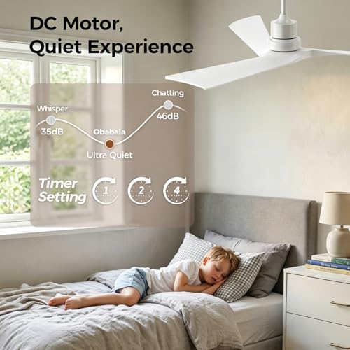 Image of Obabala Ceiling Fan 52 Inch with Remote, Solid Wood Blades DC Motor 5000 CFM Quiet 35dB, Reversible 6 Speed Modern Farmhouse for Bedroom Living Room Indoor Outdoor, No Light with Downrod