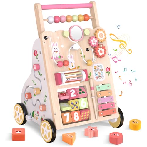 Carrello Primi Passi in Legno per Bambini – Girello Montessori con Centro Attività – Altezza e Velocità Regolabili – Giocattolo Educativo per Bimbi 12+ Mesi, Bambine e Bambini di 1 Anno (Rosa)