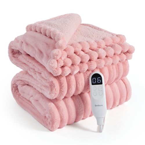 Image of Bedsure Thick Electric Blanket Twin, Pink Heated Blanket Throw with Preheat