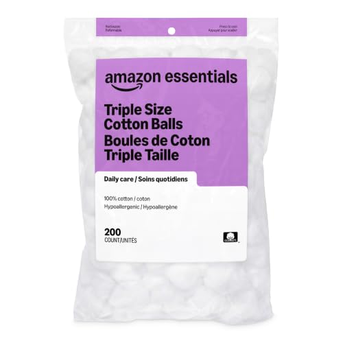Amazon Basics Cotton Balls for Skincare, Makeup Removal, Cotton, Hypoallergenic, 200 Count (Previously Solimo)