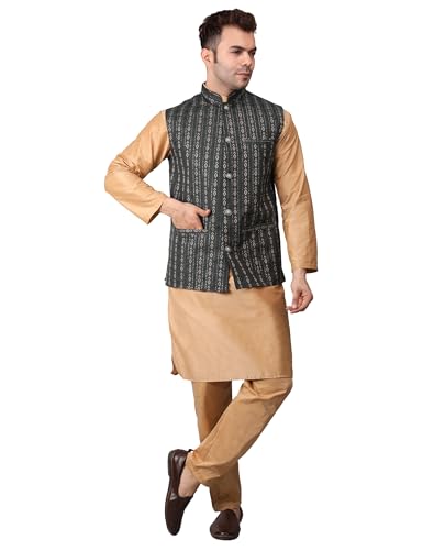 Image of Men's Cotton Silk Blend Regular Kurta Pyjama, Embroidered Nehru Jacket /Waistcoat Set