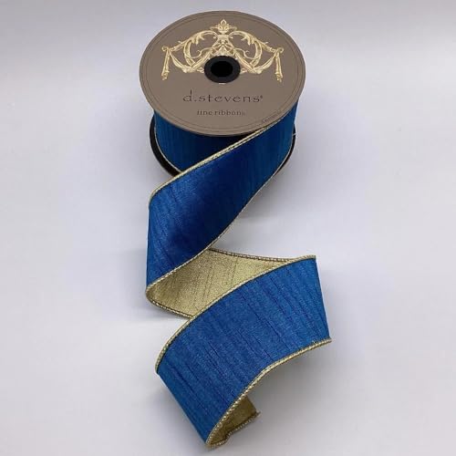 Slub Dupion Ribbon w/Metallic Gold Back 2.5 x 10yd (d. Stevens Fine Ribbon) (Peacock Blue)