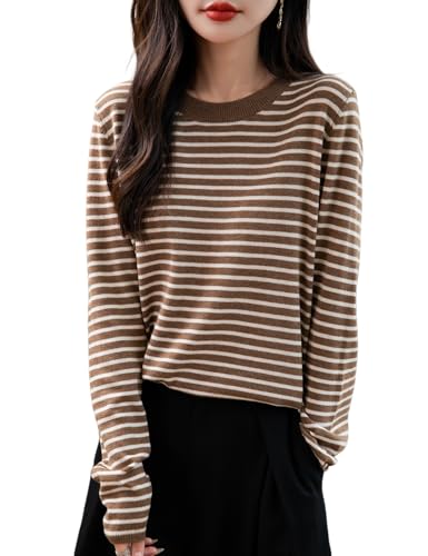 Women's Merino Wool Blend Sweater 2025 Fall Winter Casual Crew Neck Striped Long Sleeve Knit Pullover Sweater