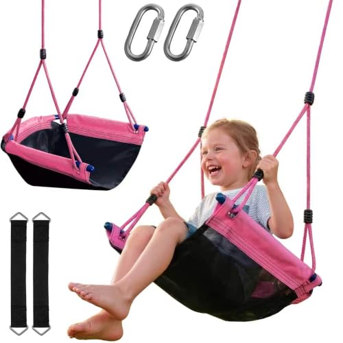 Image of Textilene Tree Swing for Kids, 440lb with Hanging Straps, Pink