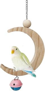 Bird Swing Toy Bird Perch Parrot Cage Hammock Swing Wooden Moon Shape Perch Stand Rack Bird Chewing Biting Tearing Climbing with Stainless Steel Hanging ChainÂ  (B,Small)