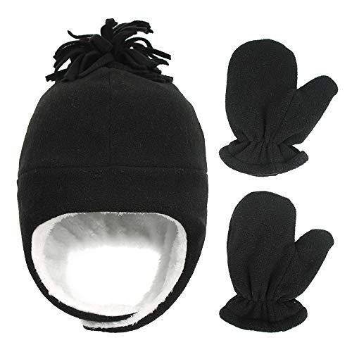 Kids Hat Mitten Set, Little Boys Girls Baby Sherpa Lined Warm Fleece Pilot Hats Toddler Winter Cute Beanie Skull Cap Gloves Set Back M