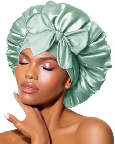 Image of BONNET QUEEN Double Layer Silk Bonnet for Sleeping for Women Satin Bonnet Night Cap for Curly Hair with Tie Band, Sage Green