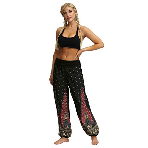 Haobing Femme Bloomers Pantalon Palazzo Boho Imprimé Haute Taille Yoga Fitness Aladin Sarouel Pantalon (1 Noir, CN XL) Cover