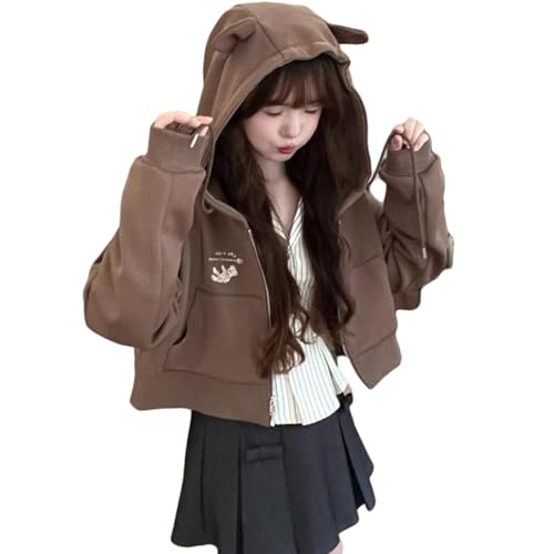 [YOOYOOFEI] パーカー トップス コート レディース アウター ゆったり フード付き クマの耳 カジュアル 可愛い ファッション シンプル おしゃれ スポーツ 部屋着 (ブラウン,L)