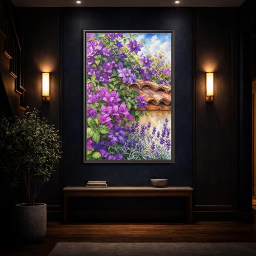 Toile florale violette pour salon moderne au-dessus d'une console d'entrée - 4