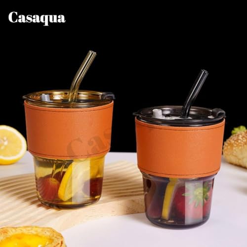 Image of Glass Mug with Lid and Straw- 400ml, Set of 1, Glass Reusable Sipper Bottle with Leather Sleeve Glasss Coffee Mug with Silicone Straw and Leakproof Lid Tumbler for Coffee (Multicolor)