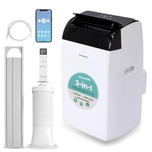SereneLife Mobiele Airco 12000 BTU WiFi – Draagbare Airconditioner zonder Buitenunit, Nachtmodus, Ventilator en Ontvochtiger, Inclusief Raamkit – Ideaal voor Kamers, Kantoor en Slaapkamer