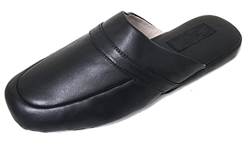 B13AS Men's Leather House Slipper Scuff Leather Lining Sole Comfort in Door Padded Loafer Shoes (8 D(M) US, Black-1)