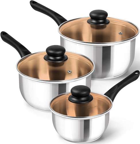 MICHELANGELO Stainless Steel Saucepan Set with Lid 1QT & 2QT & 3QT, Triply Base Stainless Steel Pot Set, Sauce Pot Set with Bakelite Handle