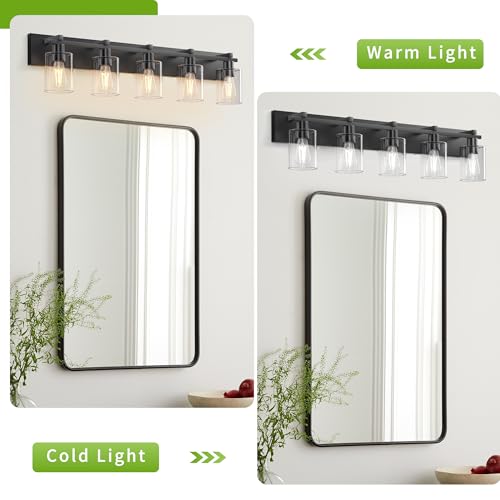 Image of Bathroom Vanity Light,5 Light Matte Black Light Fixture with Thickened Clear Glass Shade, 37 inch Modern Wall Sconce, Bathrooms Vanity Light Over Mirror for Bathroom