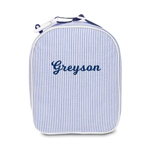 MT WORLD Personalized Lunch Bag Tote Custom Embroidery Name Reusable Seersucker Stripe Pattern Insulated Lunch Box