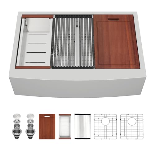 Sarlai 36 Farmhouse Kitchen Sink Double Bowl - 36 x 22 Inch Farm Sink Stainless Steel Apron Front 16 Gauge Ledge Workstation Sinks Low Divide 50/50 Double Basin Under Counter Kitchen Farmer Sinks