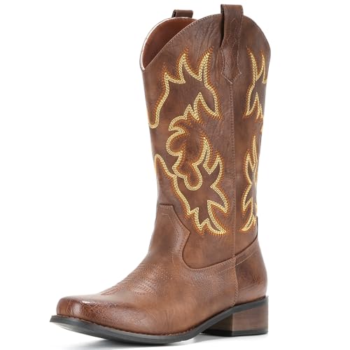 IUV Cowboy Boots For Women Square Toe Cowgirl Boots Mid Calf Western Boots Pull On Fashion Cowboy Boots4